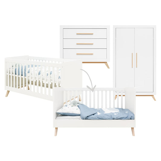 Chambre bébé complète FENNA 3 éléments - Lit évolutif, commode et armoire - Blanc et bois
