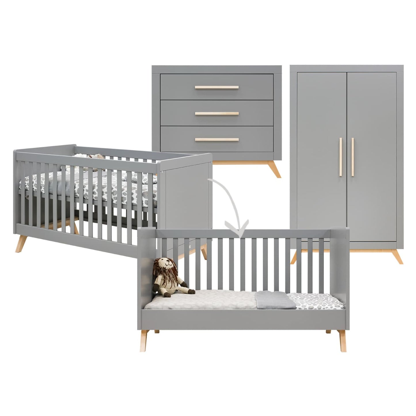 Chambre bébé complète FENNA 3 éléments - Lit évolutif, commode et armoire - Gris et bois
