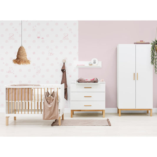 Chambre bébé complète LOTTE 3 éléments - Lit, commode et armoire - Blanc et bois