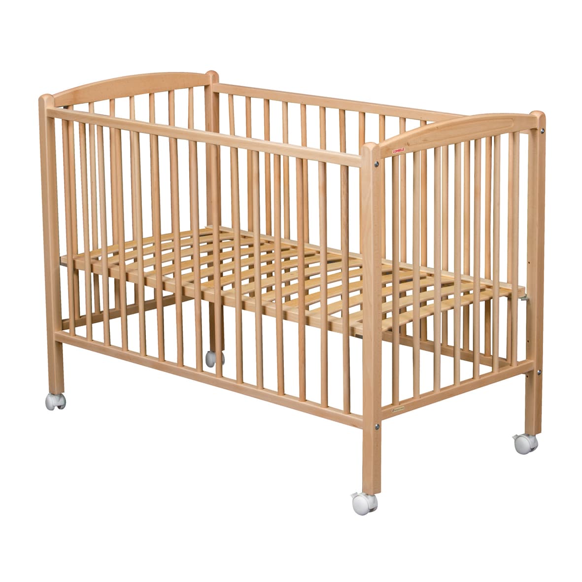 lit bébé à barreaux 60x120 cm sur roulettes en bois naturel finitions vernis combelle