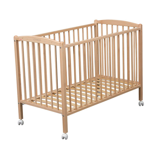 lit bébé à barreaux 60x120 cm sur roulettes en bois naturel finitions vernis combelle