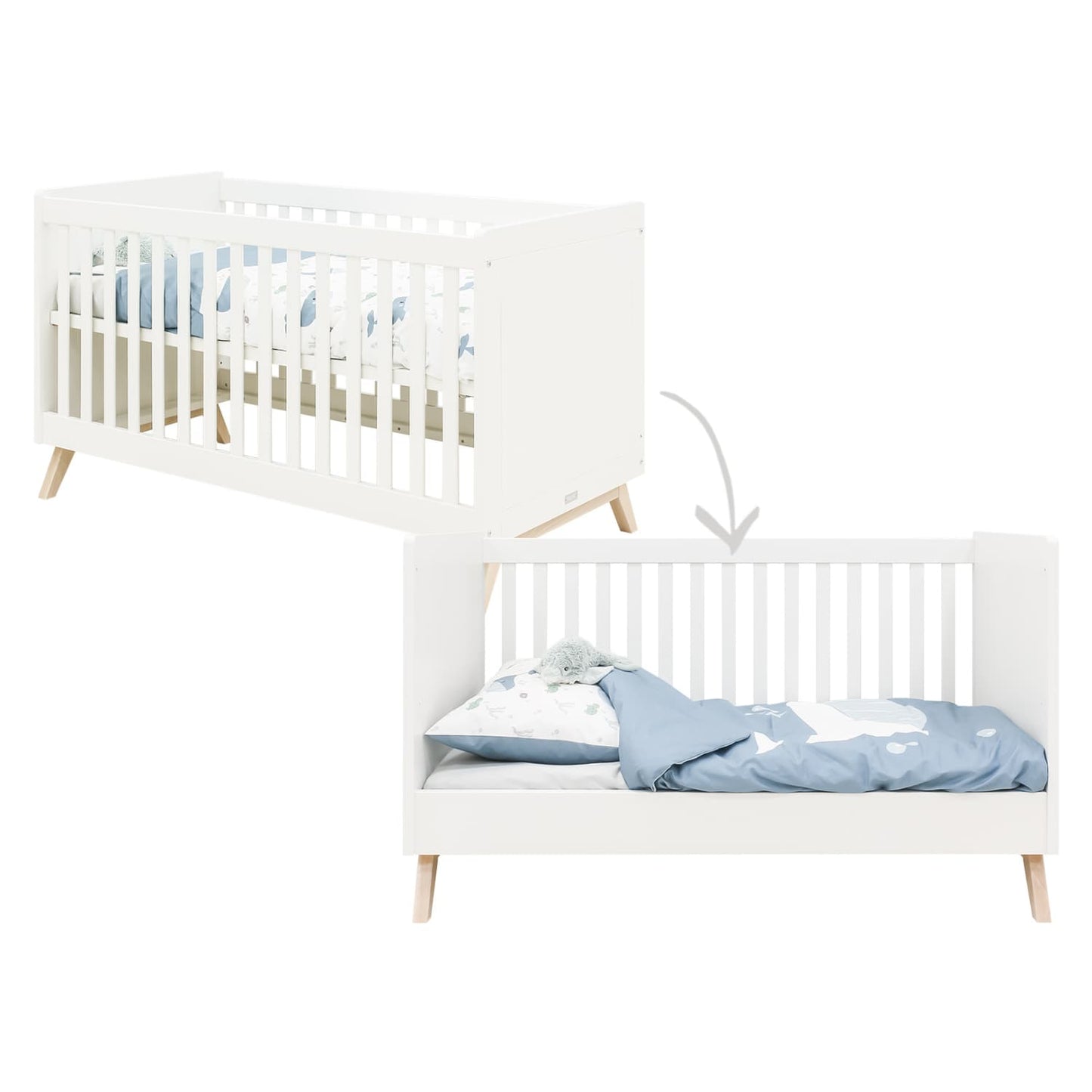 lit bébé évolutif à barreaux 70x140 cm bois et blanc avec sommier à hauteur ajustable