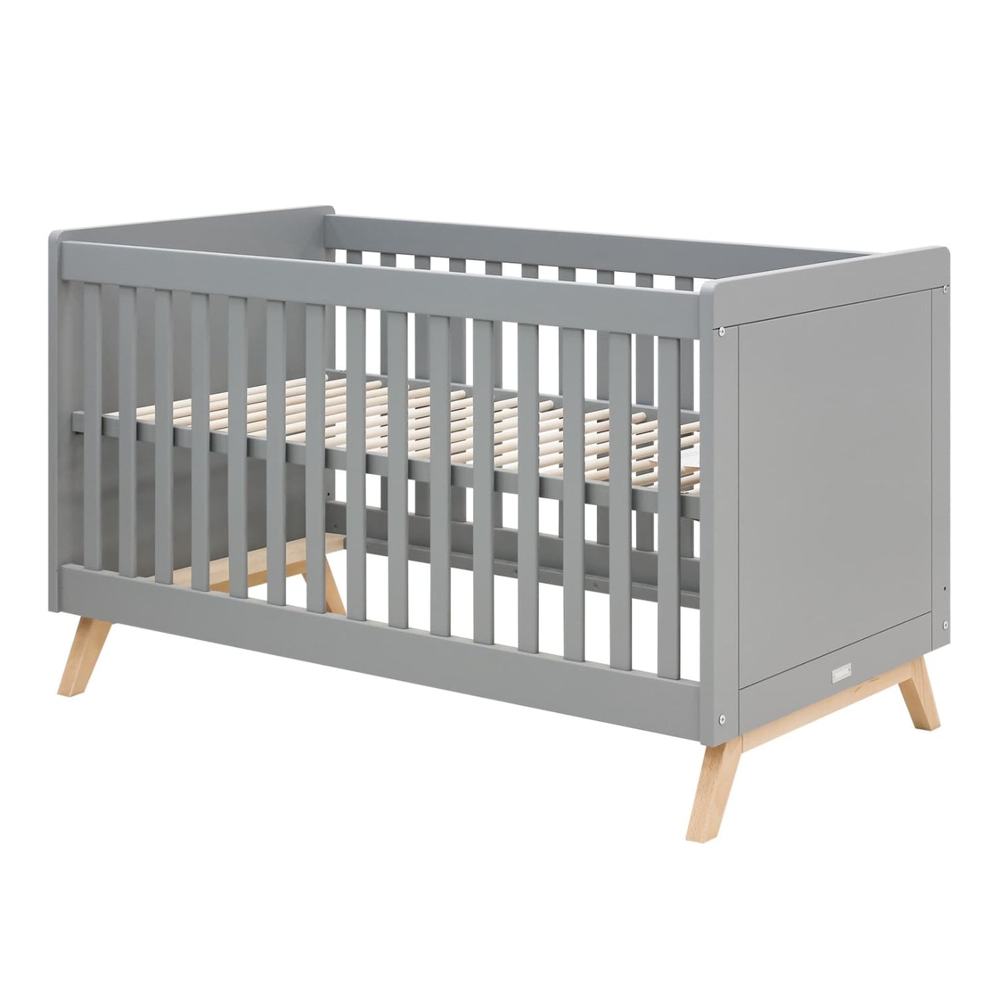lit bébé évolutif à barreaux 70x140 cm bois et gris avec sommier à hauteur ajustable